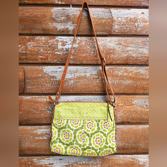 Vintage Fossil Green Canvas & Brown Genuine Leather Crossbody Purse Floral - Picture 9 of 16